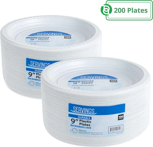 Miniatura 2 de Blue Sky Platos de plástico blanco de 9 pulgadas, 200 unidades, platos de plástico desechables, aptos para microondas, perfectos para fiestas