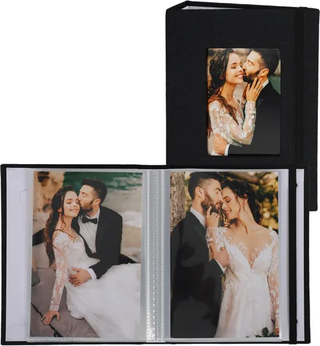 Álbumes de fotos pequeños para fotos de 4 x 6, paquete de 2 libros de memoria con cubierta de lino con ventana de exhibición, cada uno con capacidad