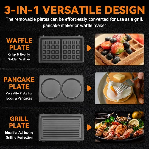 Miniatura 4 de Baker's Friend Mini waflera 3 en 1 con platos extraíbles, platos dobles para gofres y panqueques y parrilla, prensa para sándwiches de desayuno
