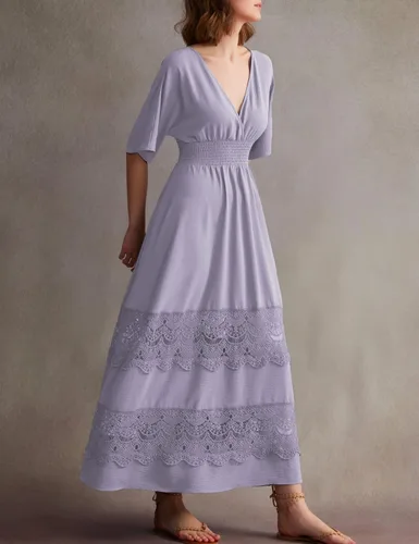 Miniatura 55 de Vestido largo de encaje para mujer de manga corta y cuello en V, vestido de fiesta estilo bohemio con cintura fruncida, vestido bohemio para mujer