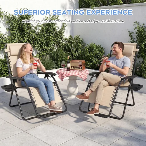 Miniatura 7 de Juego de 2 sillas reclinables ajustables de gravedad cero para exteriores, con bandeja portavasos, almohadas extraíbles, silla reclinable ergonómica