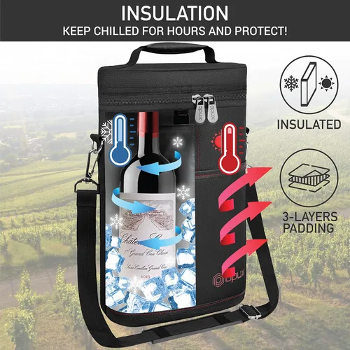 Miniatura 2 de opux - Bolsa de transporte para 2 botellas de vino, bolsa aislada y a prueba de fugas para vino, bolsa de vino para viajes, ideal para picnic, BYOB
