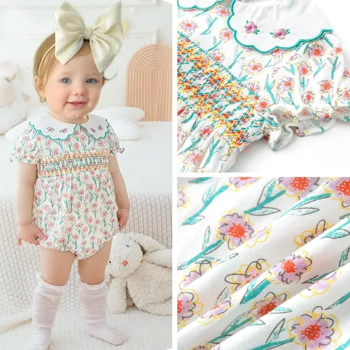 Miniatura 3 de Simplee kids Mameluco de algodón de manga corta con volantes de verano para bebés de 3 a 24 meses
