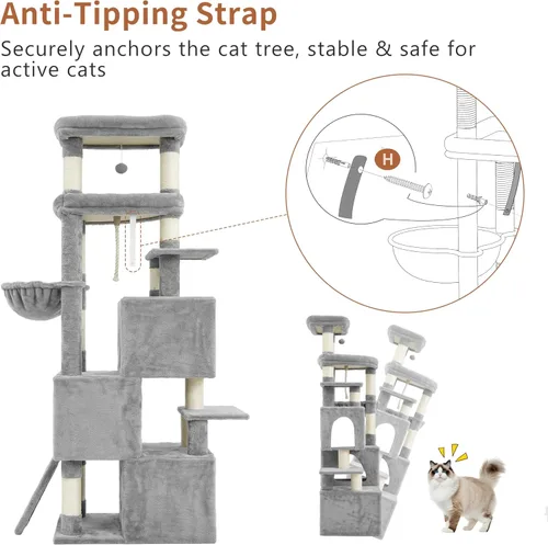 Miniatura 8 de Heybly Árbol para gatos, torre aerodinámica de 74 pulgadas para gatos grandes con condominios apilados de 3 niveles, muebles para gatos con percha