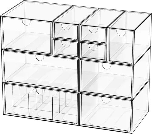 Miniatura 9 de Juego de organizador de escritorio, cajas de almacenamiento apilables blancas y transparentes a prueba de polvo para escritorio, oficina, baño