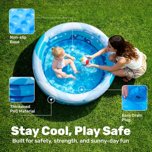 Miniatura 2 de Sloosh Piscina inflable para niños, piscina inflable de 34 x 10 pulgadas, 3 anillos azules para bebés, hoyo de juego para perros