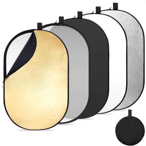 K&F CONCEPT 24" x 36" (60x90cm) Reflector Oval Plegable 5 en 1 con Bolsa de Transporte, Tela Reflectante Oro, Plata, Negro, Blanco y Tela