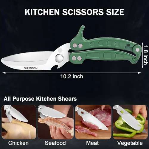 Miniatura 4 de Tijeras de cocina resistentes para aves de corral para cortar carne, aptas para lavavajillas e inoxidables, tijeras de cocina para pollo, pavo, Verde