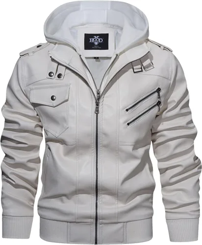 Miniatura 18 de Hood Crew - Chaqueta bomber para hombre, casual, con cuello alto, cazadora de moto, de piel sintética de poliuretano, con cremallera y capucha Marrón