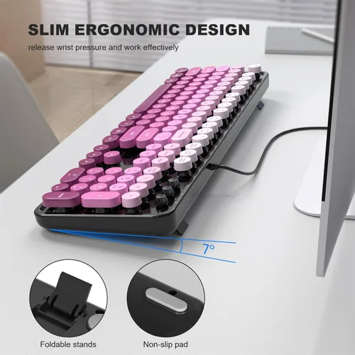 Miniatura 3 de MOFII Teclado con cable, teclado retro de tamaño completo, llave redonda, USB con cable Plug and Play, para laptop, PC, escritorio, ventanas