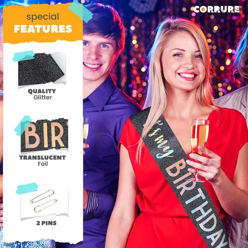 Miniatura 4 de CORRURE Banda con purpurina «It's My Birthday» con lámina multicolor – Banda de feliz cumpleaños con purpurina negra para mujeres – Suministros