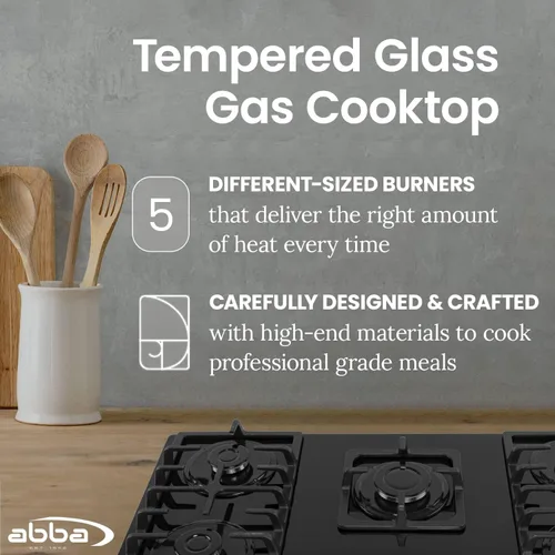 Miniatura 4 de ABBA - Placa de cocina de gas de 36 pulgadas con 5 quemadores sellados, rejilla en forma de X, superficie de vidrio templado con quemadores SABAF