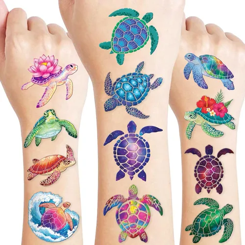 96 tatuajes temporales precortados de tortuga para niños | Recuerdos de fiesta de cumpleaños temáticos súper lindos, suministros, decoraciones,