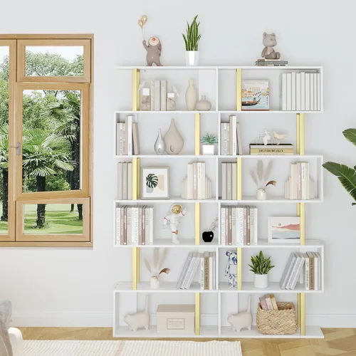 Miniatura 5 de Yusong Estantería Geométrica, Estantería en Forma de S de 6 Niveles para Dormitorio, Estante Decorativo de Exhibición de Madera Moderna, Estantería
