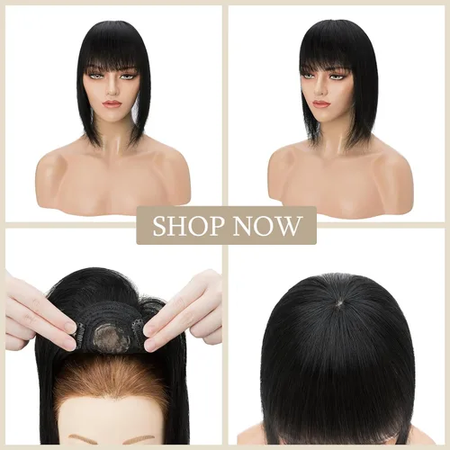 Miniatura 5 de MY-LADY Top Hairpieces para mujer con flequillo, base mono natural, 100% cabello humano real, clip en pieza de cabello lacio en medio para pérdida