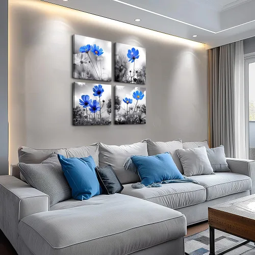 Miniatura 2 de Arte de pared para dormitorio, flor azul cian en blanco y negro, decoración de pared para decoración del hogar, pintura de arte de 12 x 12 pulgadas