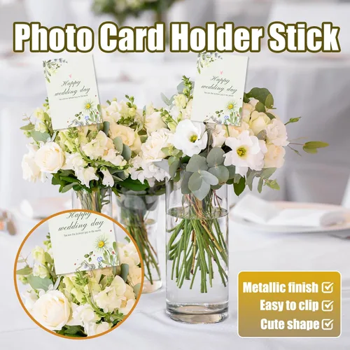 Miniatura 5 de Luomorgo 40 tarjeteros florales dorados, clips de metal para fotos y números de mesa, púas florales de alambre reutilizables para bodas, decoración
