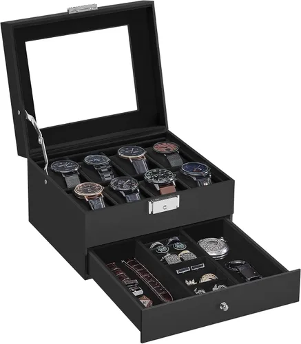 Miniatura 70 de SONGMICS UJWB012 - Caja de reloj de 12 ranuras, caja de reloj con cerradura con tapa de vidrio, 2 capas, con 1 cajón para anillos, pulseras, idea