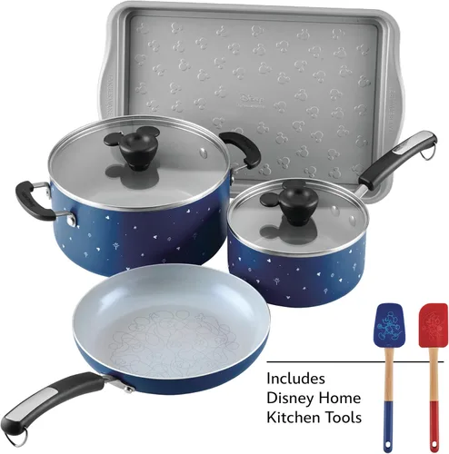 Farberware Disney Bon Voyage - Juego de ollas y sartenes antiadherentes de cerámica con bandeja para hornear, bandeja para galletas y herramientas