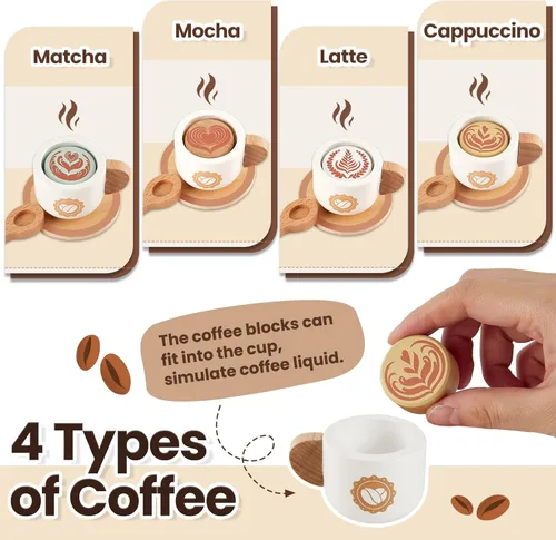 Miniatura 5 de BUYGER Cafetera de juguete para niños, juego de café de madera, juego de juegos de simulación, accesorios de cocina, regalos para niños de 3, 4 y 5