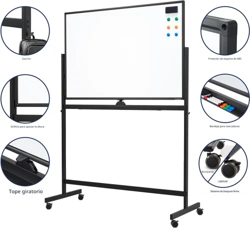 Miniatura 3 de TSJ OFFICE Pizarra blanca rodante grande – Borrado en seco magnético 48 x 32 pulgadas, pizarra blanca de ajuste de altura de doble cara, caballete