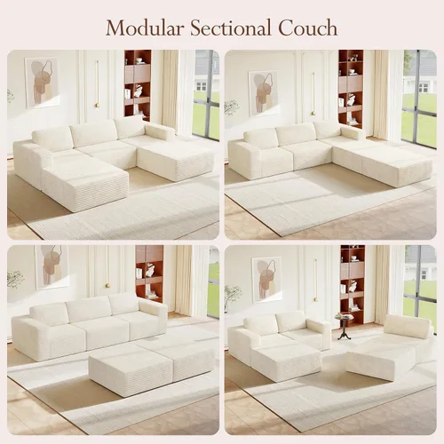 Miniatura 2 de Vesgantti Sofá modular en forma de U de 119 pulgadas, sofá modular de pana con asiento profundo y soporte de resortes, sofá convertible con 2 Beige