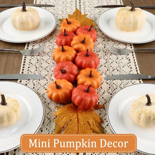 Miniatura 2 de LZNPA Juego de 16 mini calabazas artificiales artificiales con hojas de otoño, espuma de plástico tallable, pequeñas calabazas blancas