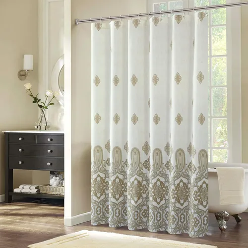 Miniatura 13 de Cortina de ducha de tela, estampado beige y tostado, cortinas de ducha con patrón de damasco bohemio de cachemira para baño, cortinas de baño Hudson
