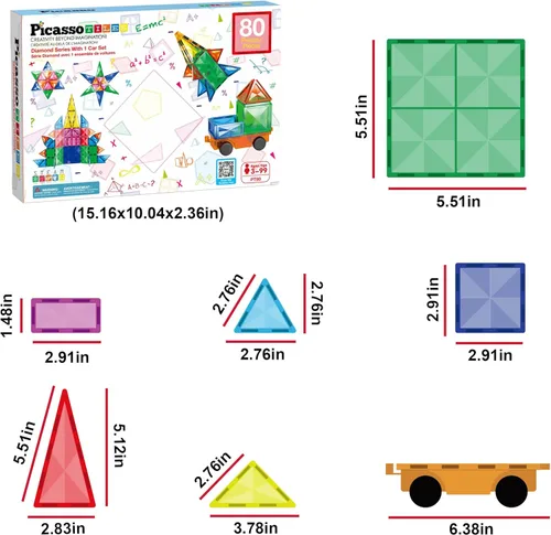 Miniatura 5 de PicassoTiles Paquete de construcción: 80 piezas de diamante + 60 piezas de azulejos magnéticos de bloques de construcción: juguete educativo STEAM