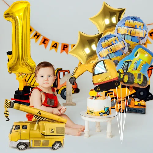 Miniatura 6 de Globos de construcción para el primer cumpleaños, 9 globos dorados de 40 pulgadas con el número 1 para excavadora grande, camión volquete, grúa