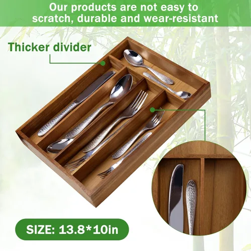 Miniatura 2 de Greenual Organizador de cubiertos de madera de acacia de 10 pulgadas, organizador de utensilios de cocina, bandeja para cajón y cubiertos