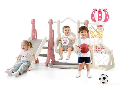Miniatura 9 de BIERUM Juego de Tobogán y Columpio 4 en 1 para Niños Pequeños, Tobogán para Bebés para Niños Pequeños de 1-2 Años, con Aro de Baloncesto, Juego