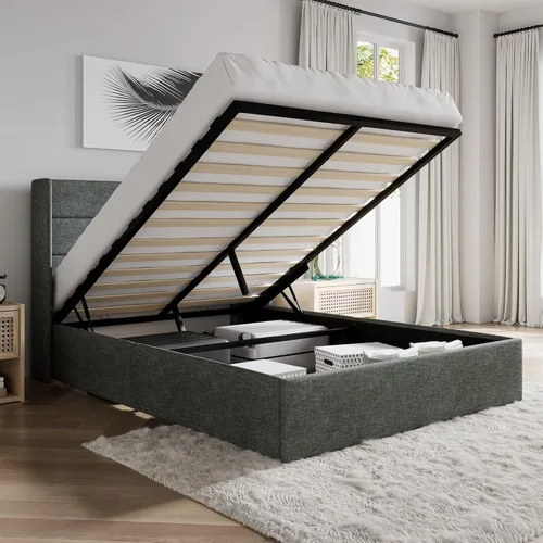 Miniatura 12 de SHA CERLIN - Cama de tamaño completo con almacenamiento elevado/Cabecero abatible moderno/Base de cama tapizada con plataforma/Almacenamiento Beige