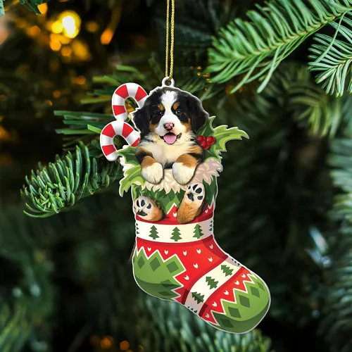 Miniatura 4 de Adorno acrílico plano de Navidad para perro de montaña bernés, adorable cachorro de montaña bernés en calcetín con bastones de caramelo, decoración