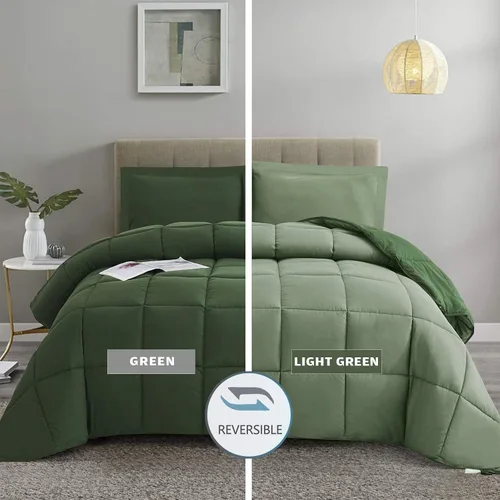 Miniatura 3 de HIG Juego de 3 piezas de edredón verde para cama individual/extragrande - Juego de edredón reversible para todas las estaciones con relleno