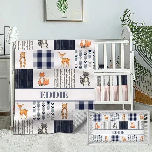 Juego de cama personalizado para cuna de bebé, edredón de cuna con nombre personalizado, ropa de cama de guardería de animales del bosque, juego de