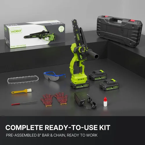 Miniatura 9 de WORKIT Mini motosierra inalámbrica, motosierra eléctrica de 8 pulgadas con 2 baterías, motosierra de mano con engrasador automático, tensión sin