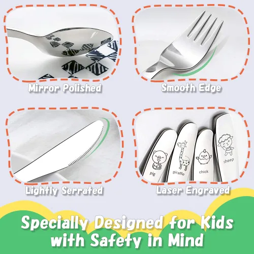 Miniatura 4 de Juego de cubiertos para niños pequeños de acero inoxidable 18/8, 4 piezas, tenedor, cuchara y cuchillo, cubiertos para niños a partir de 3 años