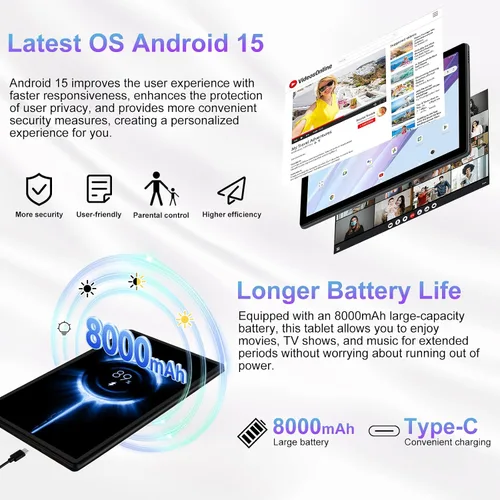 Miniatura 3 de 2025 Tableta de 10 pulgadas Android 15 Tablets 30GB RAM 128GB ROM 1TB de expansión, Tableta Octa-Core de 8000mAh con estuche a prueba de caídas