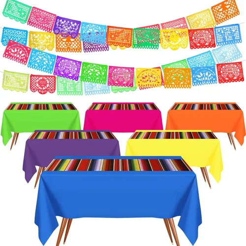 Preboun Mantel de plástico mexicano y pancarta de papel picado mexicano, suministros de decoración de fiesta para mesas rectangulares, carnaval de