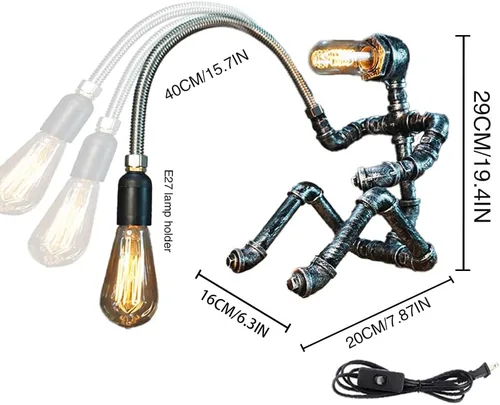 Miniatura 2 de Lámpara de mesa Steampunk, robot de tubería de agua, estilo industrial vintage, lámpara de mesa de escritorio para mesita de noche, cafetería, bar
