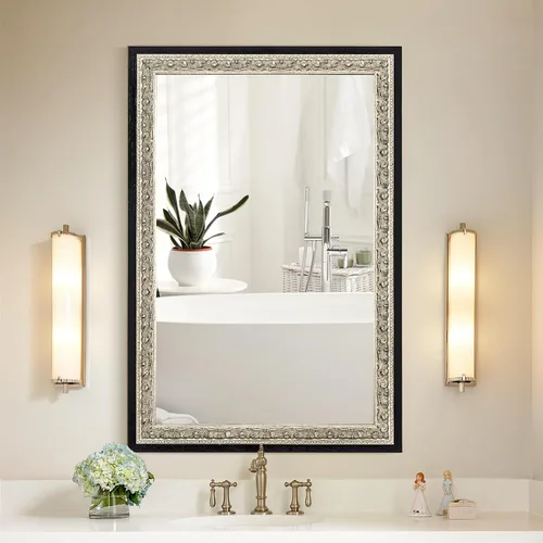 Miniatura 8 de Espejo de baño vintage negro grande, 40 x 28 pulgadas, espejo de pared antiguo para tocador, marco de madera de pétalos de flores de lámina