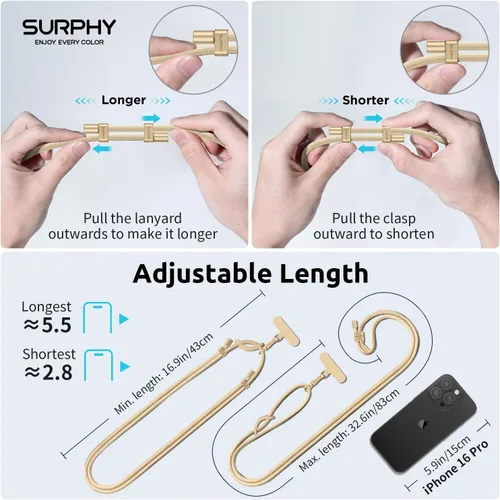 Miniatura 6 de SURPHY Cordón para teléfono, correa cruzada ajustable para teléfono con 2 pestañas de amarre para teléfono celular, hebillas de metal premium, Caqui