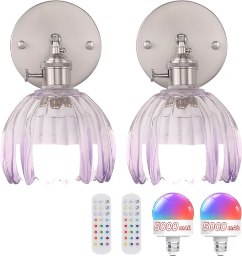 Miniatura 20 de Shenmoyl Candelabro de Pared Operado por Batería con Soporte de Cadena Ajustable, Patrón de Tulipán Verde, Vidrio con Diseño Retro en Oro, Lámpara
