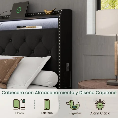Miniatura 8 de LARMACE Base de cama tamaño King con 4 cajones de almacenamiento, base de cama tapizada de terciopelo, plataforma King con luces LED y estación