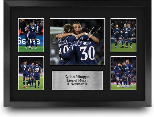 HWC Trading Kylian Mbappe, Lionel Messi y Neymar Jr Paris Blue and Reds - Memorabilia impresa con autógrafo, para fanáticos del fútbol y seguidores,