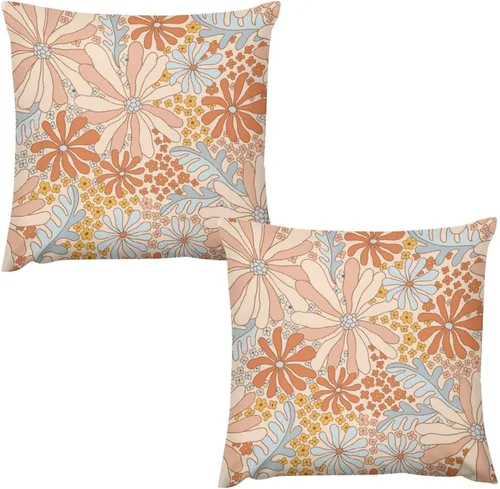 Miniatura 20 de Juego de 2 fundas de almohada florales retro de los años 70, Groovy Funky Hippie Flor Naranja Estética Boho Fundas de Almohada de 16 x 16 pulgadas