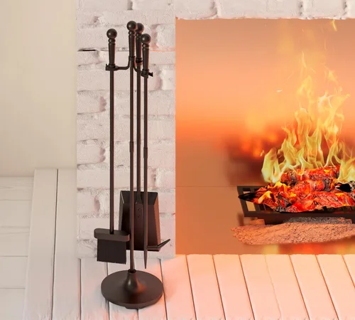 Miniatura 2 de Juego de herramientas para chimenea Fire Beauty de 4 piezas en hierro forjado negro para interiores/exteriores incluye atizador, pala, cepillo