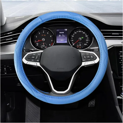 Miniatura 10 de Funda de cuero para volante de 15 pulgadas, transpirable, antideslizante, funda protectora para volante, elástica, suave, cómoda, universal