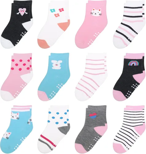 Miniatura 18 de 12 paquetes de calcetines antideslizantes para niños y bebés con agarre para niños de 1-7 años, calcetines de algodón de tripa para niños y niñas